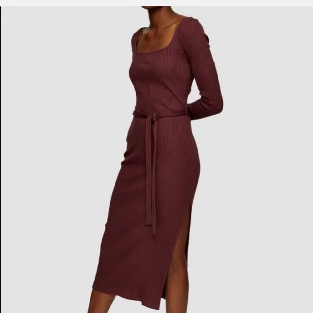 Topshop Women's Long Sleeve Jersey Ribbed Midi Bodycon Dress In Burgundy Size 6